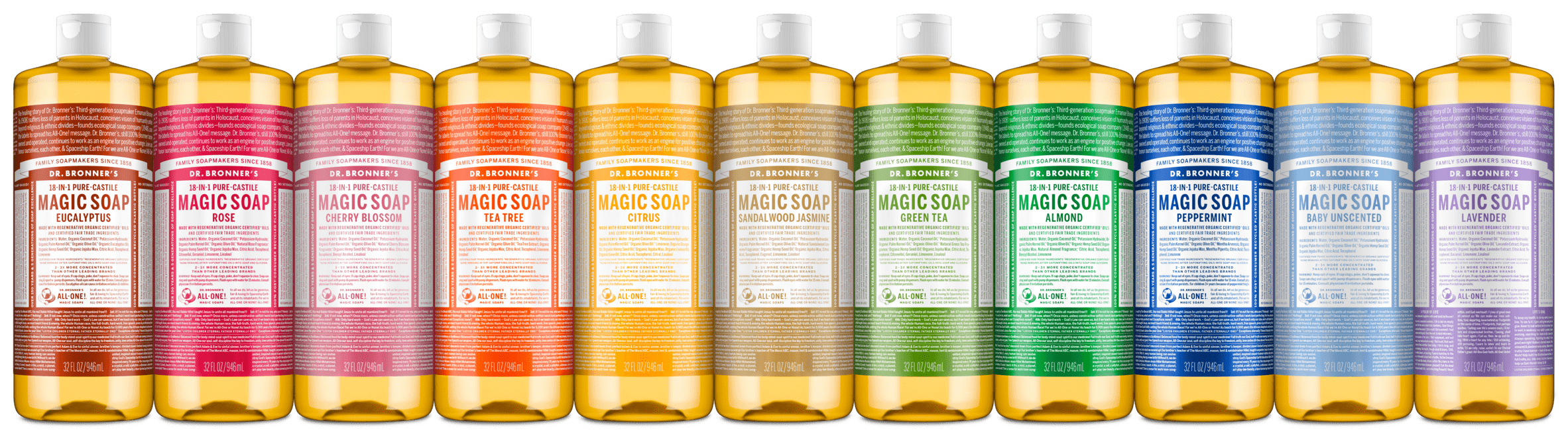 Linea completa di saponi liquidi Magic Soap Dr. Bronner disposti in ordine cromatico da sinistra: eucalipto, rosa, fiori di ciliegio, albero del tè, agrumi, sandalo e gelsomino, tè verde, mandorla e menta piperita e lavanda